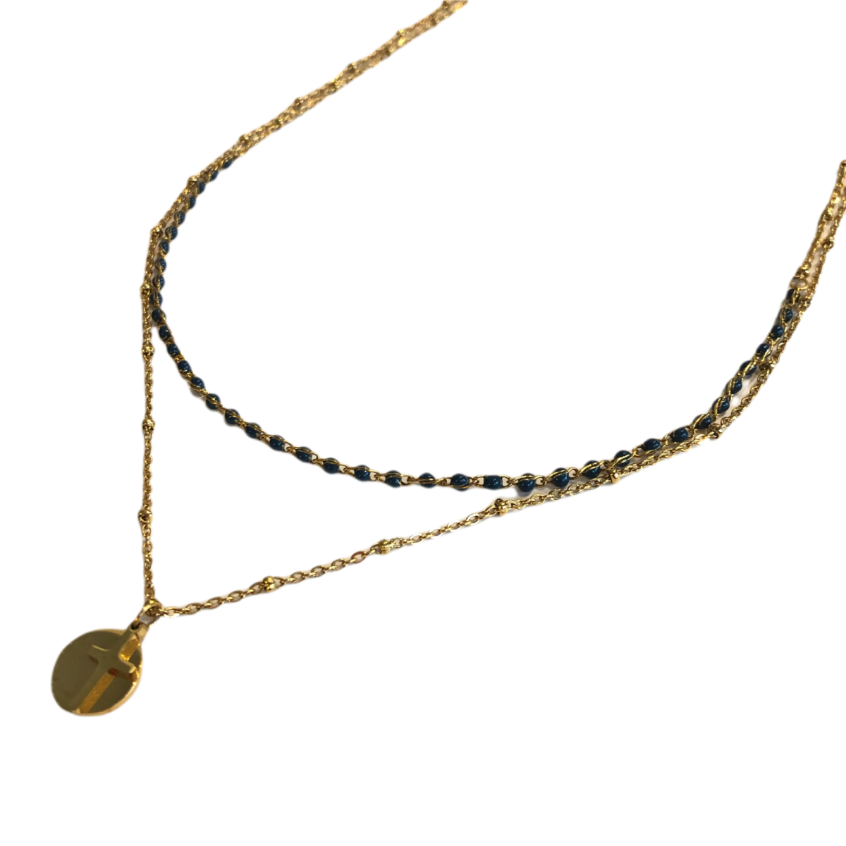 By Destele collier double rang fine chaîne et perles et son médaillon avec croix