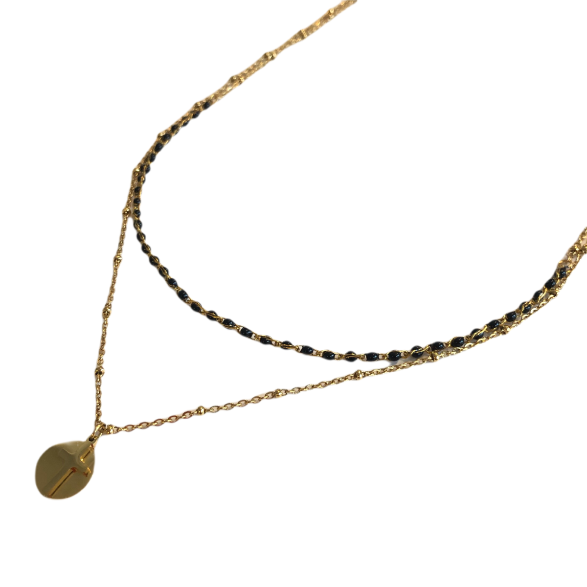 By Destele collier double rang fine chaîne et perles et son médaillon avec croix