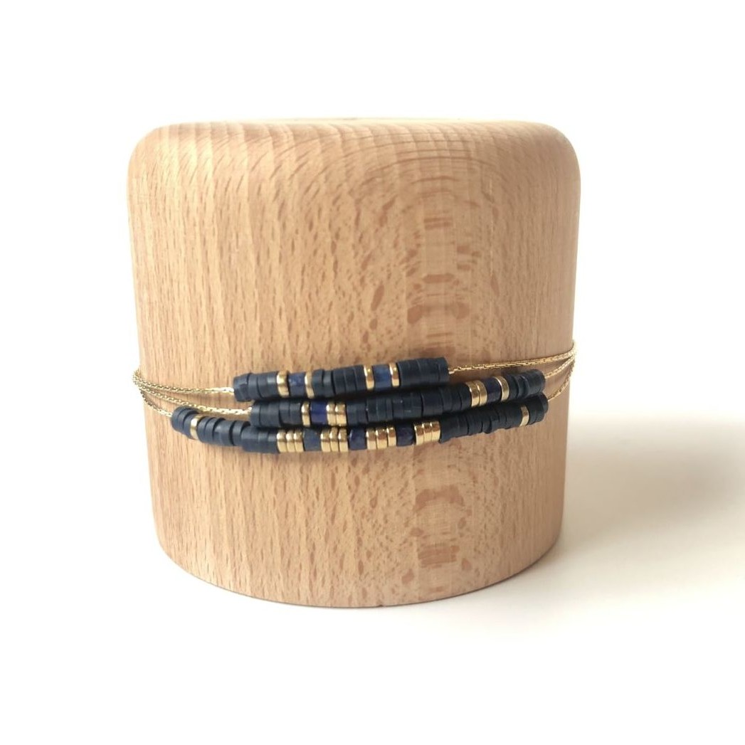 bracelet bleu marine large 3 rangs chaine dorée by destele