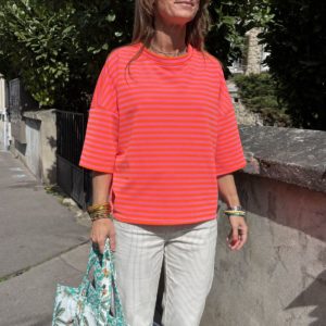 Sweat rayé corail
