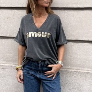 Tee-shirt en V « Amour » gris doré pailleté