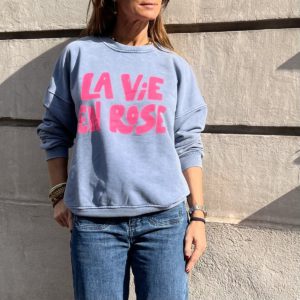 Sweat "LA VIE EN ROSE" bleu jean