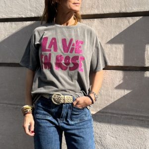 Tee-shirt « La vie en rose » gris pailleté