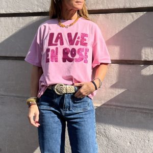 Tee-shirt « La vie en rose » rose pailleté