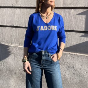 Pull J'adore bleu électrique et doré