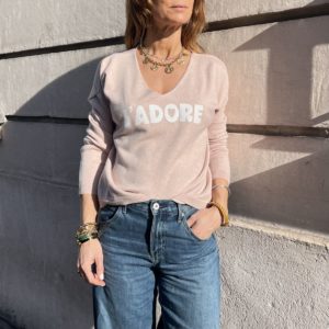 Pull J'adore rose poudré et blanc