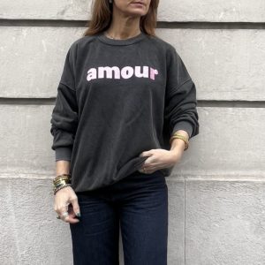 Sweat "amour" noir délavé et rose pailleté