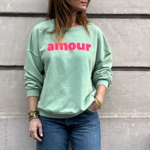 Sweat "amour" vert et rose fluo