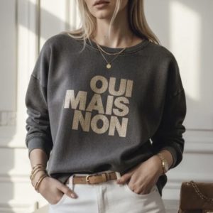 Sweat "OUI MAIS NON" noir délavé et doré