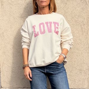 Sweat "LOVE" écru et rose pailleté