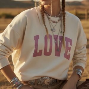 Sweat "LOVE" écru et rose pailleté