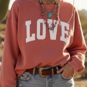 Sweat "LOVE" rouge délavé et blanc pailleté