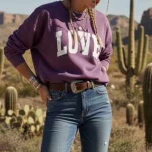 Sweat "LOVE" violet délavé et blanc pailleté