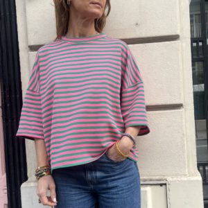 Sweat marinière vert et rose