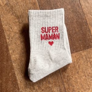 Chaussettes à paillettes SUPER MAMAN grises