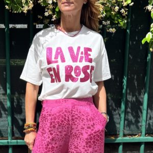 Tee-shirt « La vie en rose » blanc fuchsia pailleté