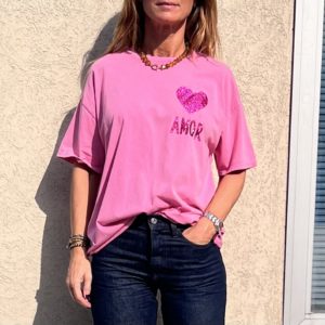 Tee-shirt Amor rose fuchsia paillettes