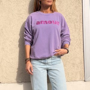 Sweat "amour" Violet et fuchsia pailleté