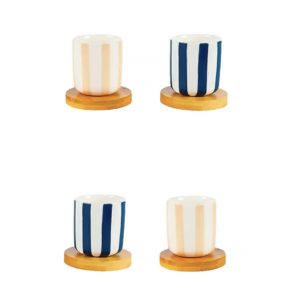Tasses à café rayées bleu / beige avec sous-tasse en bois - Coffret de 4