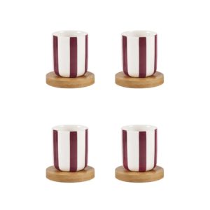 Tasses à café rayées bordeaux avec sous-tasse en bois - Coffret de 4